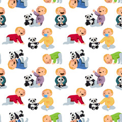 Pattern with cute little baby and toy panda. Flat vector illustrator