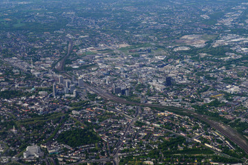 Fabulous panoramic view from airplane, Essen, Germany, flying airplane.