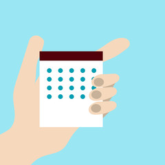 Stock calendar in the hands of man. One hand man holding a calendar, the second hand points to the calendar. Stock illustration in a flat style.