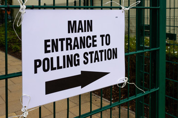 Signs outside a polling station during the EU parliament election in Scotland in May 2019