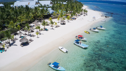 aerial of a wonderful tropical exotic beach resort on the indian ocean island Mauritius