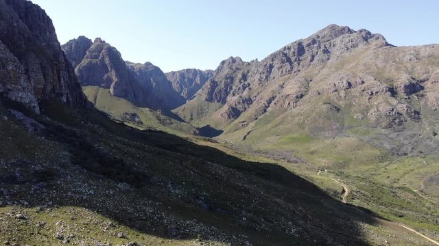 aerial flight through rugged mountains and valley in south africa