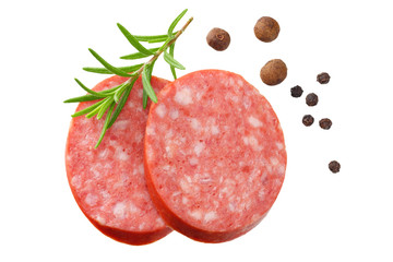 sliced sausage salami with rosemary and peppercorns isolated on white background. top view
