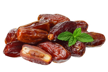 date fruits with green leaves isolated on white background.