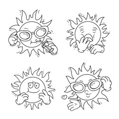 Set of cartoon sun characters.Vector isolated illustration. Can used for coloring book, printing on clothes, banners, posters, web design. 