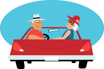 Mature couple sitting in a red convertible car, EPS 8 vector illustration
