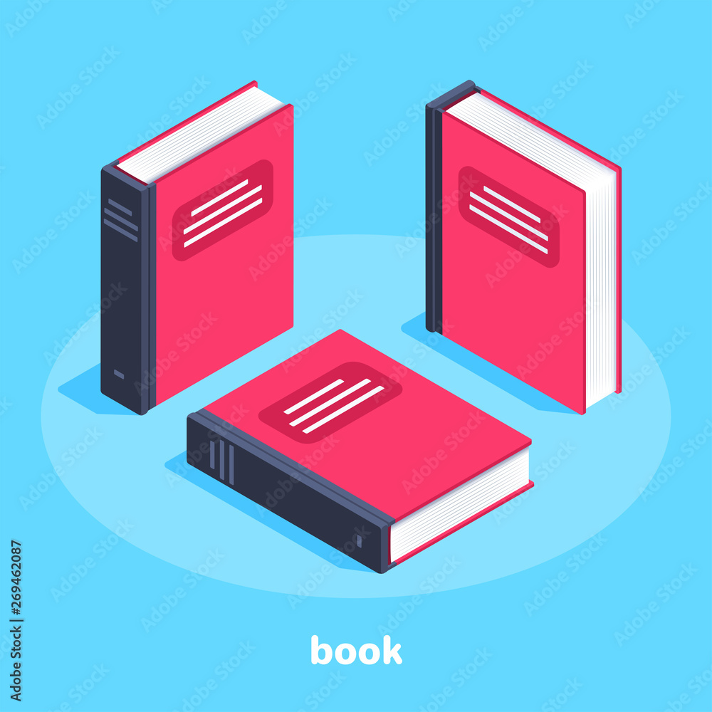 Poster isometric vector image on a blue background, a red book in different angles, reading and learning