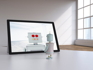 D rendering, Robot couple having a video chat in modern loft