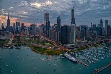Aerial View of the Chicago Skyline from above the Harbor on Lake Michigan