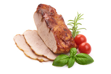 Baked pork roast, spicy meat, close-up, isolated on white background