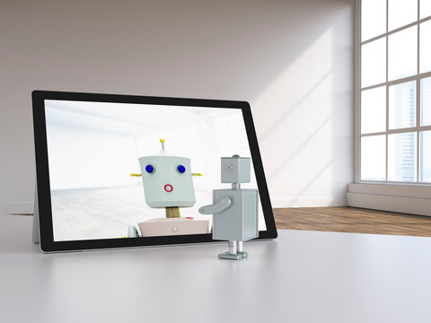 D rendering, Robot couple having a video chat in modern loft