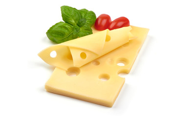 Maasdam cheese slices, close-up, isolated on white background