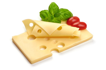 Sliced Swiss Cheese, close-up, isolated on white background