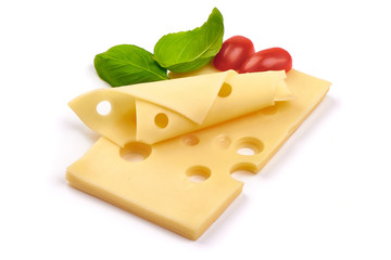 Maasdam cheese slices, close-up, isolated on white background