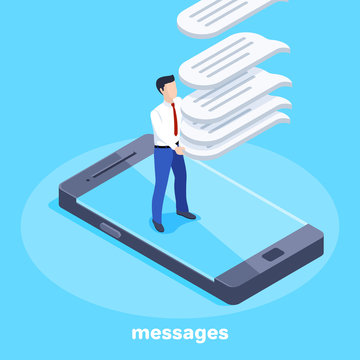 isometric vector image on a blue background, a man in a business suit catches falling messages while standing on a smartphone