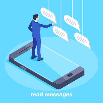 isometric vector image on a blue background, a man in a business suit looks at the message while standing on the smartphone