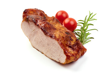 Baked pork roast, spicy meat, close-up, isolated on white background
