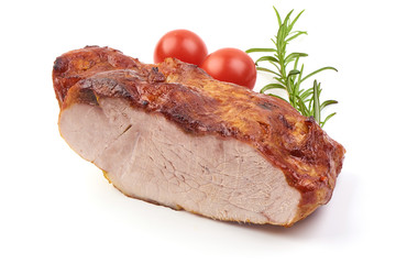 Baked pork roast, fried spicy galzed meat, close-up, isolated on white background