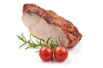 Baked pork roast, spicy meat, close-up, isolated on white background