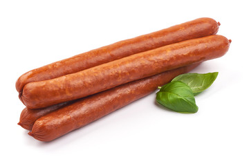 Dry Sausages with basil leaves, close-up, isolated on white background