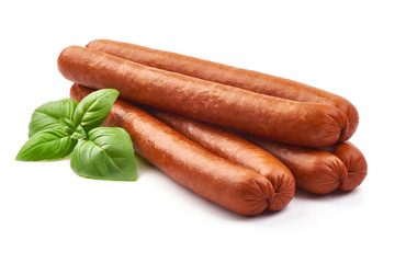 Smoked Pork Sausages with basil leaves, close-up, isolated on white background