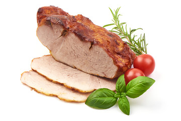 Sliced baked pork roast, spicy meat, close-up, isolated on white background