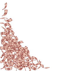 Russian ruble notes falling. Small RUB bills on wh