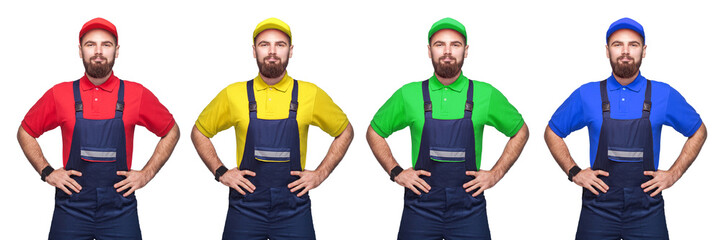 Portrait of young bearded confident with working clothes, four different color t-shirt and cap...