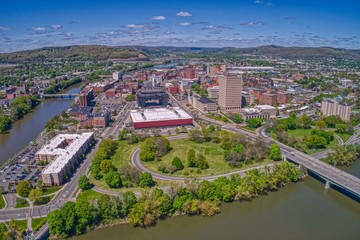 Aerial view of Binghamton, NY at the confluence of the Susquehanna and Chenango Rivers