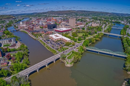 Aerial view of Binghamton, NY at the confluence of the Susquehanna and Chenango Rivers
