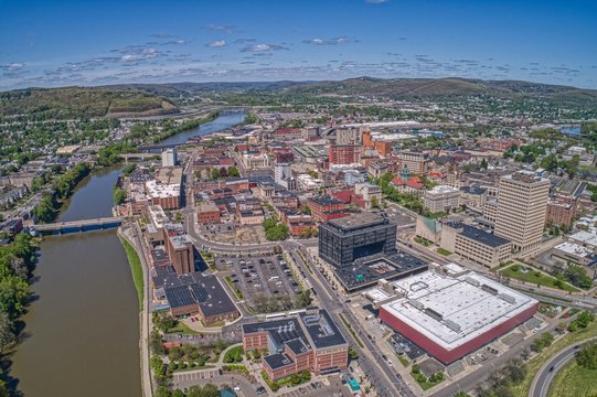 Aerial view of Binghamton, NY at the confluence of the Susquehanna and Chenango Rivers