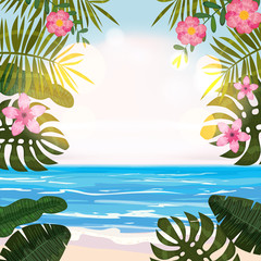 Fototapeta na wymiar Summer tropical background with exotic floral plants leaves palm, beach ocean seashore