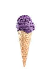 Blueberry ice cream with cone isolated on white background
