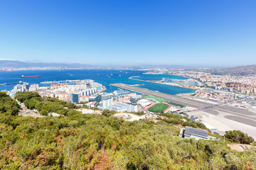 Fototapeta na wymiar Gibraltar airport and town copyspace copy space from above travel traveling Spain