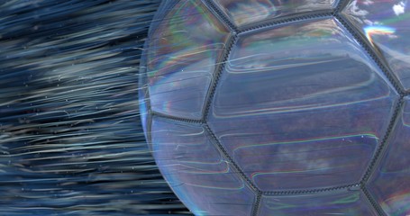 Fototapeta na wymiar Reflective render of a soccer ball field with a flying comet leaves spatial lines and particles. 3d illustration