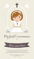 My first communion invitation. Beautiful girl with communion dress and cute frame