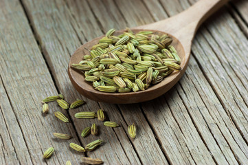 fennel seeds in wooden spoon on wooden table. Herbs alternative medicine background concept.