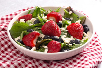 Bright Garden Salad with Fresh Fruit on a Red Gingham Tablecloth