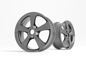 Aluminium alloy car wheel. Black alloy rim for car, tracks on white background. 3d rendering illustration