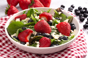 Bright Garden Salad with Fresh Fruit on a Red Gingham Tablecloth