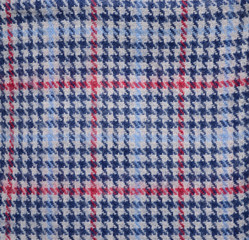 Blue white and red pattern, textyre. Tartan, checked background, Scottish shirt or tablecloth.
