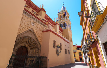 The facade of Saint Ann Church, former Seville s Cathedral, at Triana district , Seville.