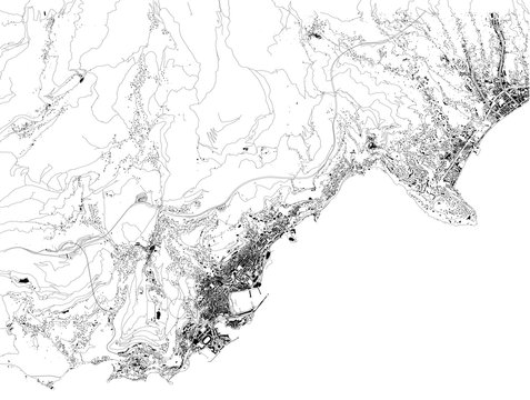 Satellite map of principality of Monaco, Monte Carlo. Fontvieille, Monaco-Ville, La Condamine. Map of streets and buildings of the town center. Europe 