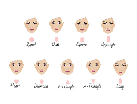 Set of nine different woman's face shapes. Illiustration isolated on a white background