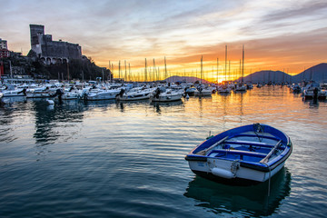 Fototapeta premium Sunset on the village of Lerici and its coast