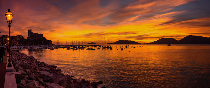 Sunset on the village of Lerici and its coast