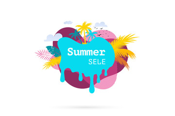 Summer Sale. Summer sale banner with palm leaves. Tropical background. Vector illustration with spesial discount offer. Vector illustration