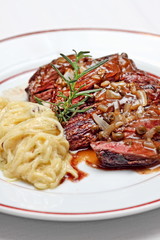 au poivre grilled steak and carbonara onion