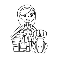 cute little girl with puppy and wooden house