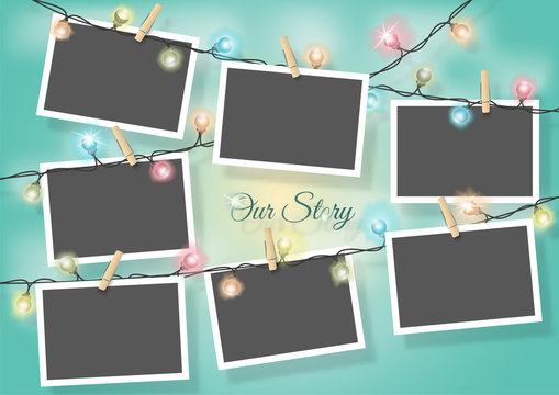Template for photo collage.Garland from photos. Frames for clipping masks are in the vector file. Template for a photo album